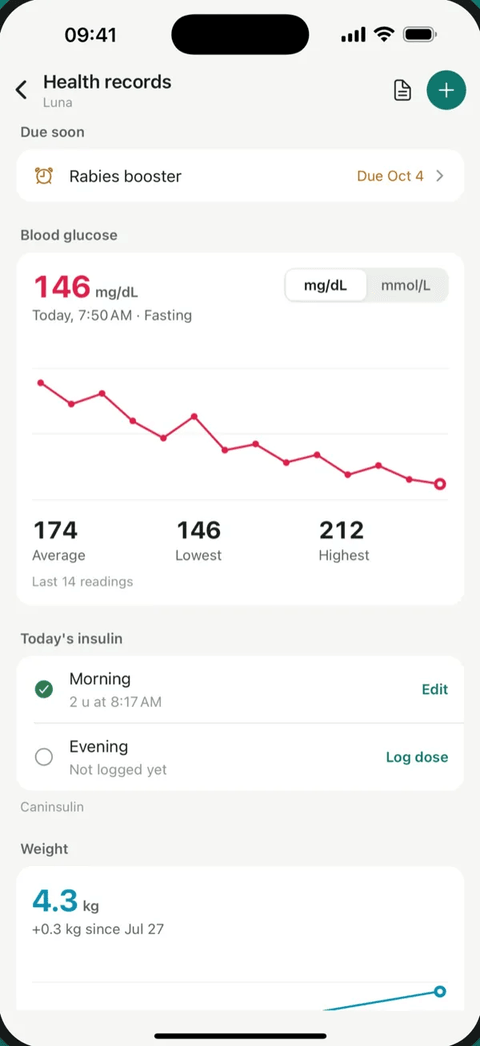 PetVitals: health records with glucose chart